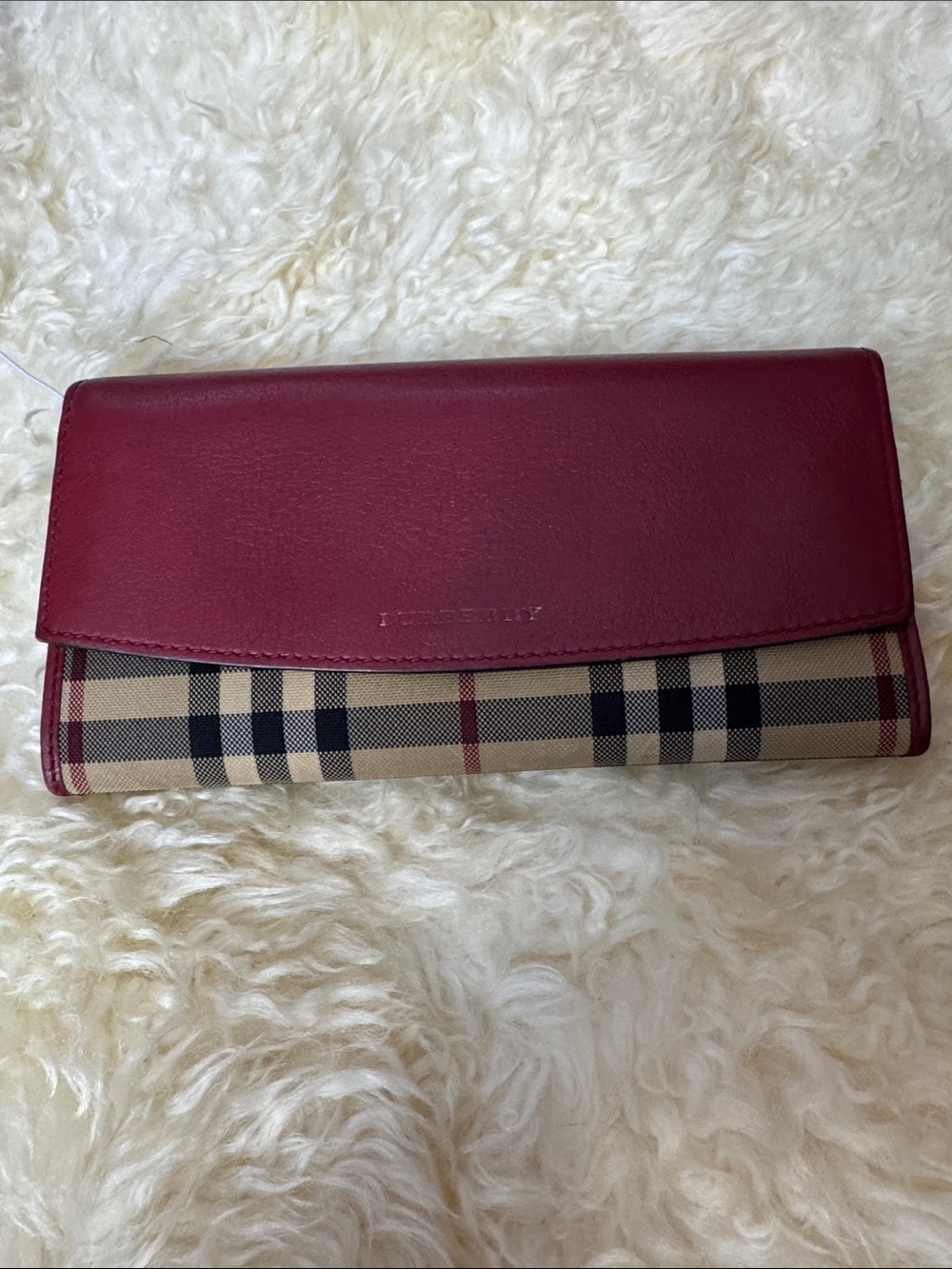 Burberry Burgundy Leather & Beige Check Continental Wallet